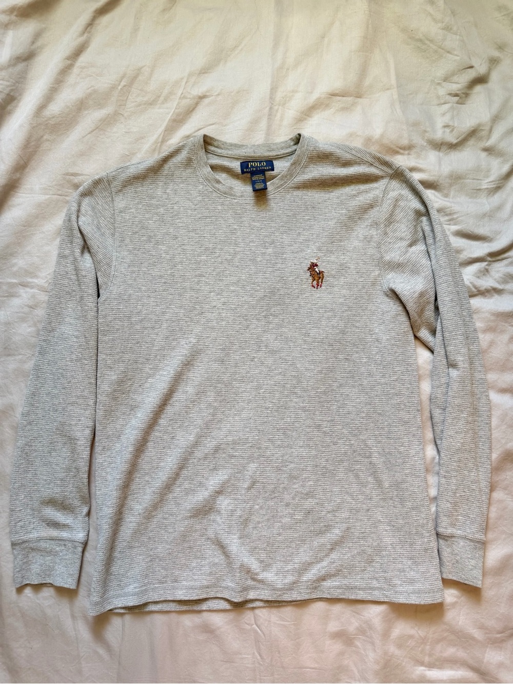 Polo Ralph Lauren Cotton Blend Waffle Knit Long Sleeve Polo Bear Jockey Logo L